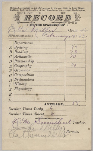 1883 Fourth Grade Report Card