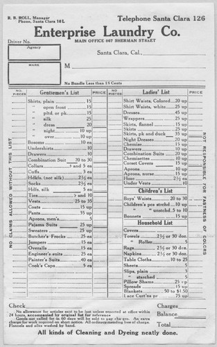 Enterprise Laundry Price List, ca. 1910