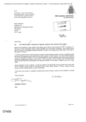 [Letter from Sharon Tapley to Peter Redshaw regarding the request for cigarette analysis and customer information]