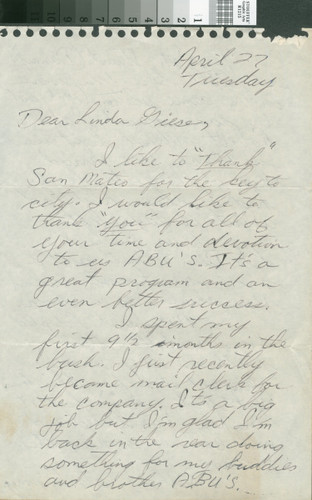 Letter to L. (Giese) Patterson from Sgt. J Lee