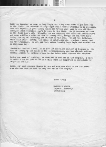 Letter from Harold Winton, Captain and Commander of Company A, to Linda (Giese) Patterson