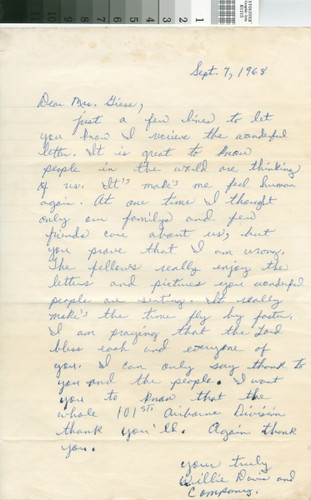 Letter to L. (Giese) Patterson from W. Davis & Co.9/7/68