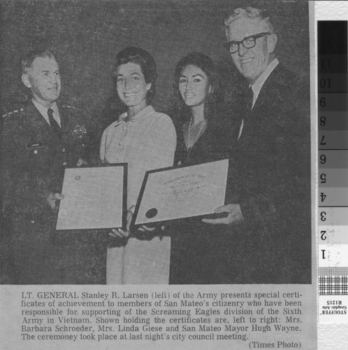 SM Times photo - Army certificate presentation to L. (Giese) Patterson, B. Schroeder & H. Wayne