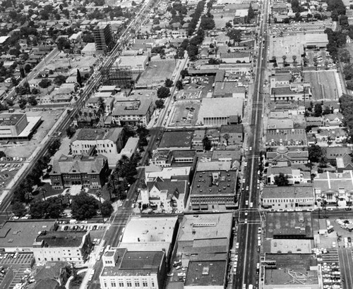 Aerial view of Santa Ana looking North with Broadway , Sycamore and Main Streets in view about 1965