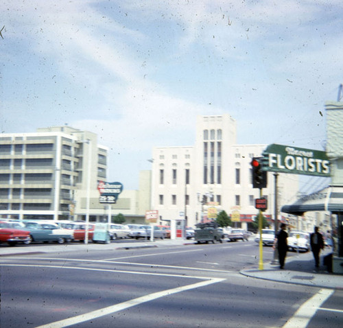 Looking east down 5th Street past Macres Florist and toward the Masonic Temple at 5th Street and Sycamore