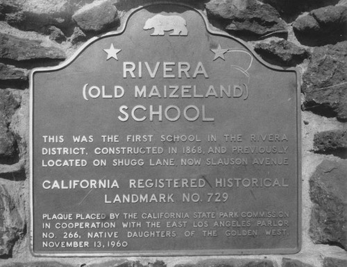 Plaque for Rivera (Old Maizeland School), California Historical Landmark 729, September 1, 1971