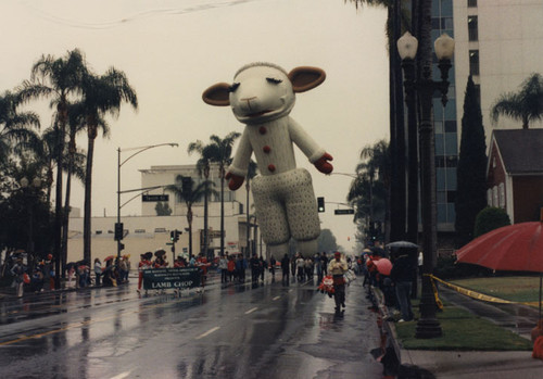 "Lamb Chop" giant balloon floating down Broadway in the third annual Toys on Parade in Santa Ana, December 6, 1986