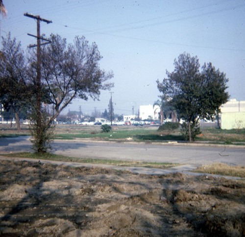 View from Sixth Street and Flower looking across the Civic Center Plaza to the Santa Ana Public Library on 8th Street (now Civic Center Drive) at Ross Street in 1965