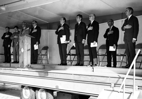 Group on a platform at dedication of Santa Ana City Hall on February 9, 1973