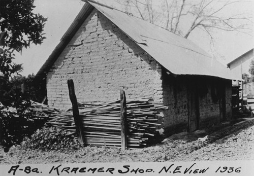 N. E. view of Kraemer Shop adobe on Rancho San Juan Cajon de Santa Ana, in 1936