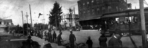 Celebrating the coming of the electric cars to Santa Ana on 4th and Ross Streets about 1906