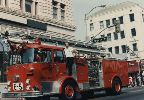 Santa Ana Fire Department truck moving south on Main Street during the Santa Ana Golden City Days parade, October 17, 1987