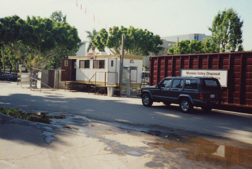 Portable Mega Construction Company office at east end of former Santa Ana Public Library parking lot in August, 1990