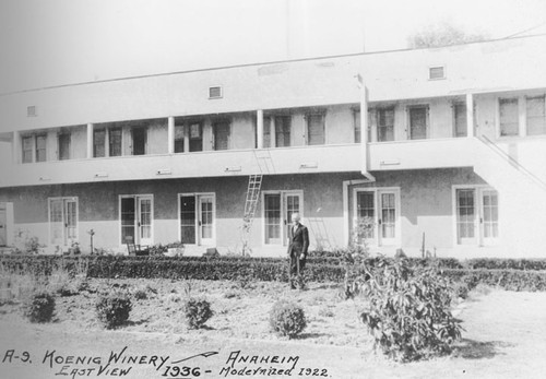 East view of the Koenig Winery-Gemmill Adobe in Anaheim located on Rancho San Juan Cajon de Santa Ana, 1936