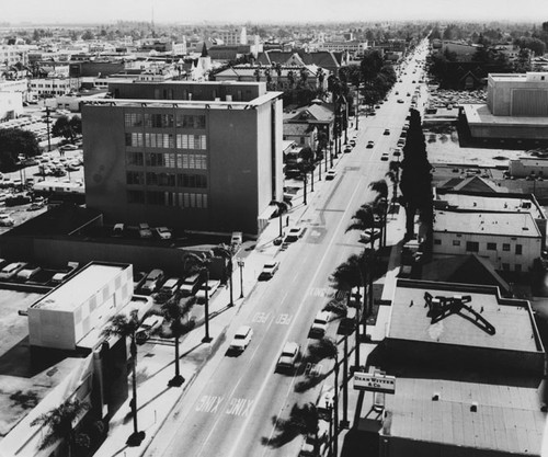 Looking south down Broadway toward the Civic Center and beyond to West Fourth Street