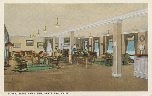 Postcard image of the lobby of the Saint Ann's Inn