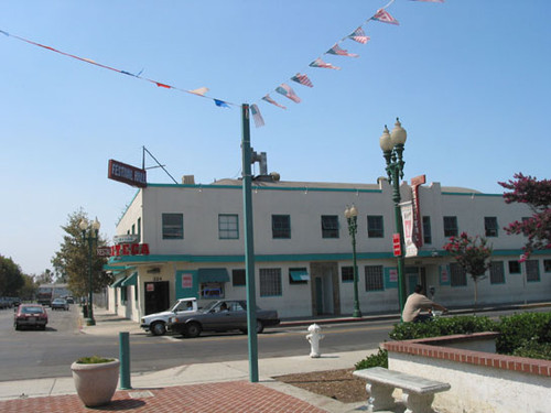 Street scene of Festival Hall Restaurant at corner of Spurgeon and Third Street