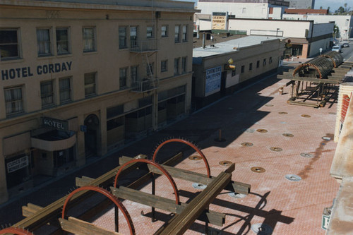 Brick paving completed on pedestrian area on Spurgeon Street looking toward Fourth Street