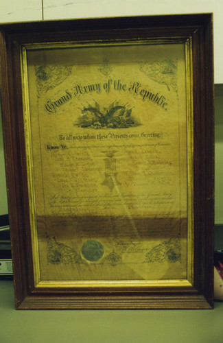 Charter of GAR Sedgwick Post, now in Bowers Museum photographed on October 1997