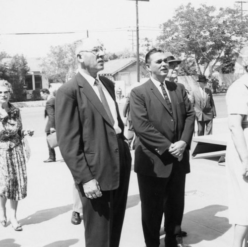 Arriving at the dedication ceremonies for the Santa Ana Public Library at 26 Civic Center Plaza on May 1, 1960