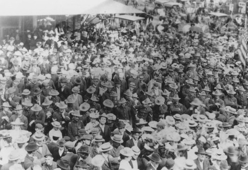 Company L leaving Santa Ana on the corner of Fourth & Birch Streets in 1898