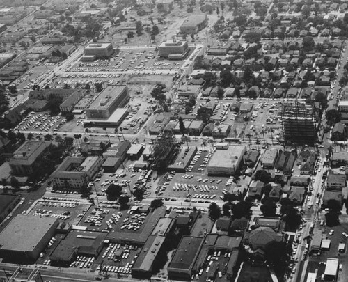 Aerial view of the developing Orange County Civic Center around 1959