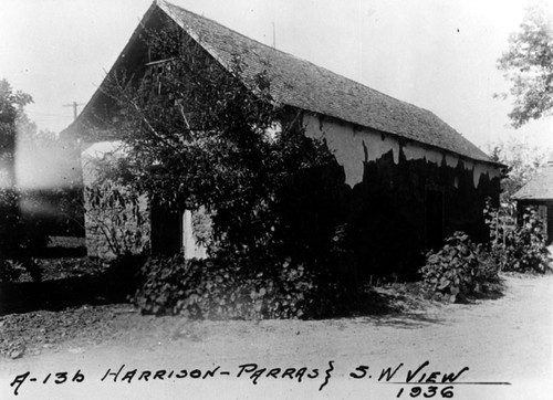 S. W. view of the Harrison-Parras adobe on Rancho San Juan Cajon de Santa Ana, 1936