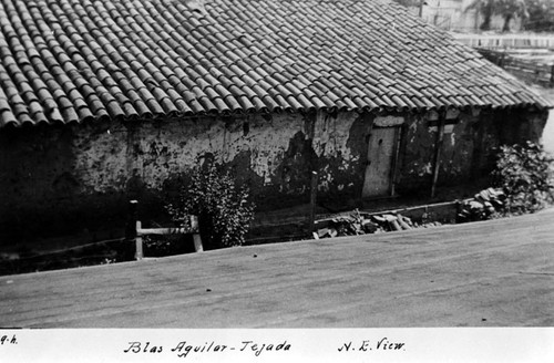 N. E. view of the Blas Aguilar-Tejada adobe along Oriental Street in Capistrano Village, 1936