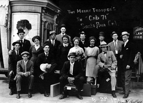 Theater group, The Merry Troupers in "Cab 71", E. 4th North Side between Bush and Spurgeon about 1910