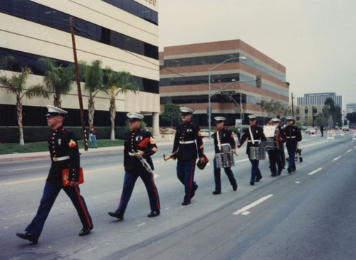 Members of the Marine Corps Band on Civic Center Drive near Eddie West Field on March 2, 1990 participating in the anti drug rally attended by President Bush