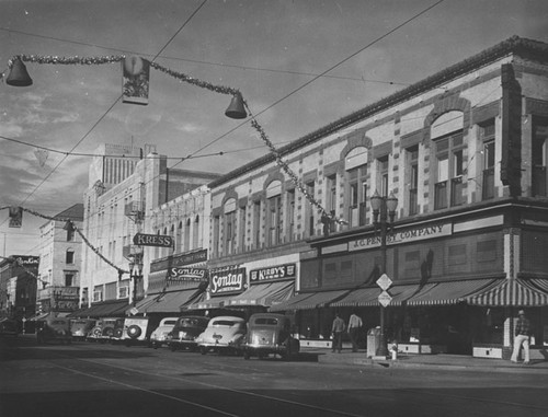 The 100 block of E. 4th Street during Christmas time in the mid 1930's