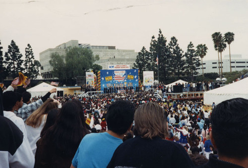 View of the crowd looking toward the stage at Eddie West Field on March 2, 1990 at the anti drug rally attended by President Bush