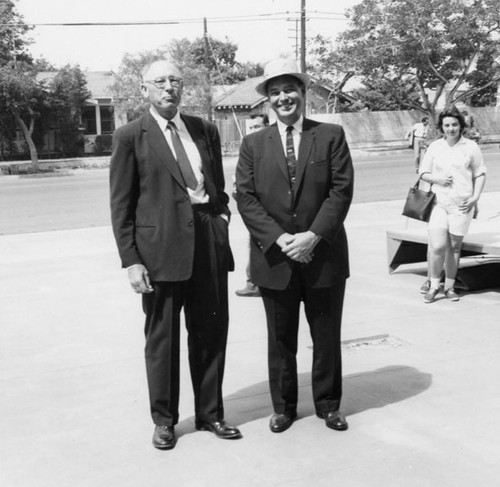 Arriving at the dedication ceremonies for the Santa Ana Public Library at 26 Civic Center Plaza on May 1, 1960