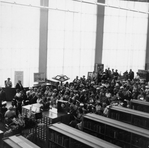 View from the second floor of the dedication ceremonies for the Santa Ana Public Library at 26 Civic Center Plaza on May 1, 1960