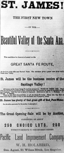 Advertisement for "St. James! The first new town in the beautiful valley of Santa Ana."