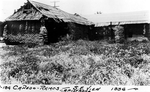 S. E. view of the Canedo-Ramos adobe along Oriental Street in Capistrano Village, 1936