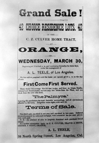 Advertisement for "choice residence lots" in Orange