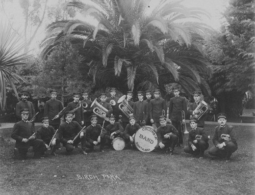 Columbia Marching Band with W. Frank Harris, leader, in Birch Park