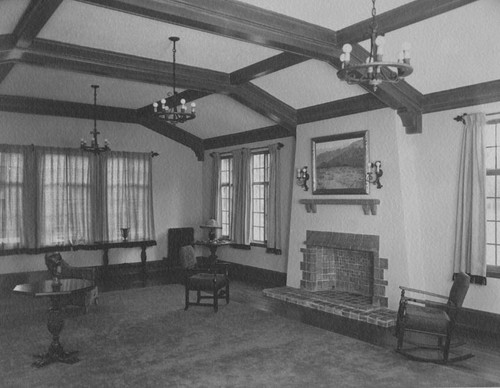 Interior view of the Ladies' Lounge of the Ebell Clubhouse on 625 N. French Street looking toward the fireplace