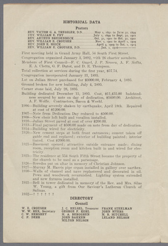 Grace Lutheran Church, San Jose, 40th Anniversary Program, 1892 - 1932