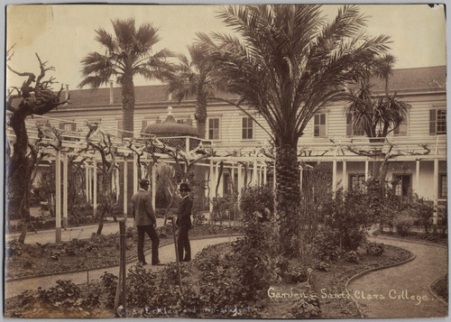 Chas Eckley and non-student in Garden, Santa Clara College, 1889