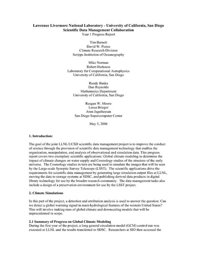 Lawrence Livermore National Laboratory - University of California, San Diego Scientific Data Management Collaboration. Year 1 Progress Report