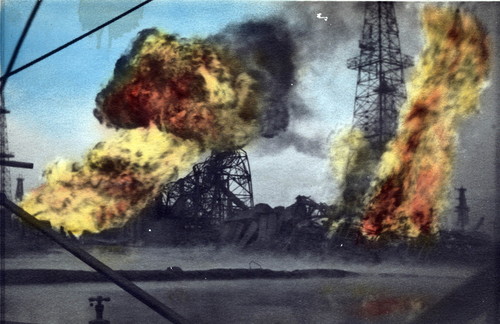 Oil Fire with ruined derricks, 1929