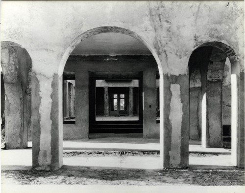 Clarke estate under construction, looking into interior courtyard from driveway