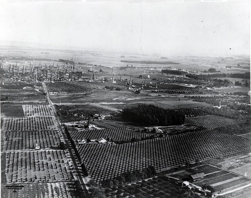 Aerial photo of Santa Fe Springs, with Clarke Estate towards center of photo