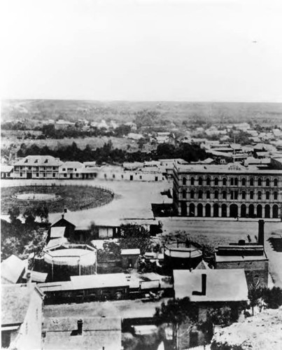 Photograph taken of the Plaza, Pico House and Los Angeles gas works