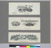 Album page with stationery heads for Mebius and Drescher exporters of California hops, Eastern Oregon Land Company and Jackson Investment Company