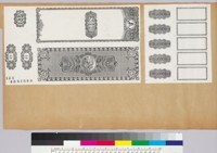 Album page with bank note vignettes of borders, geometric patterns, figures and numbers