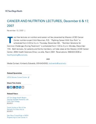 CANCER AND NUTRITION LECTURES, December 6 & 17, 2007