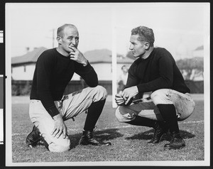 University of Southern California assistant football coaches Bill Hunter and Gordon Campbell, Bovard Field, USC campus, 1928
